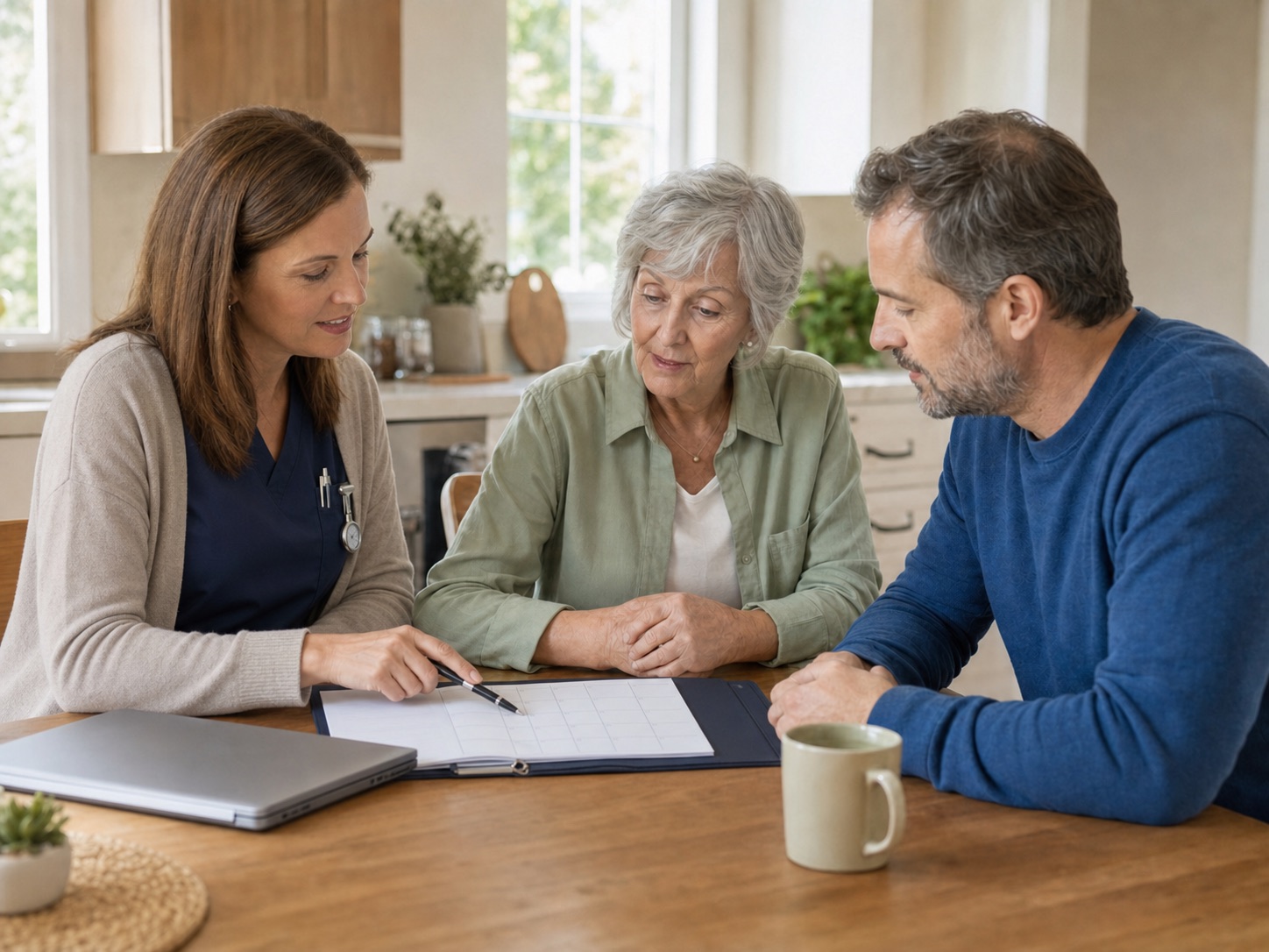 An Angel’s Kare care manager reviewing a written care plan with a family at their kitchen table