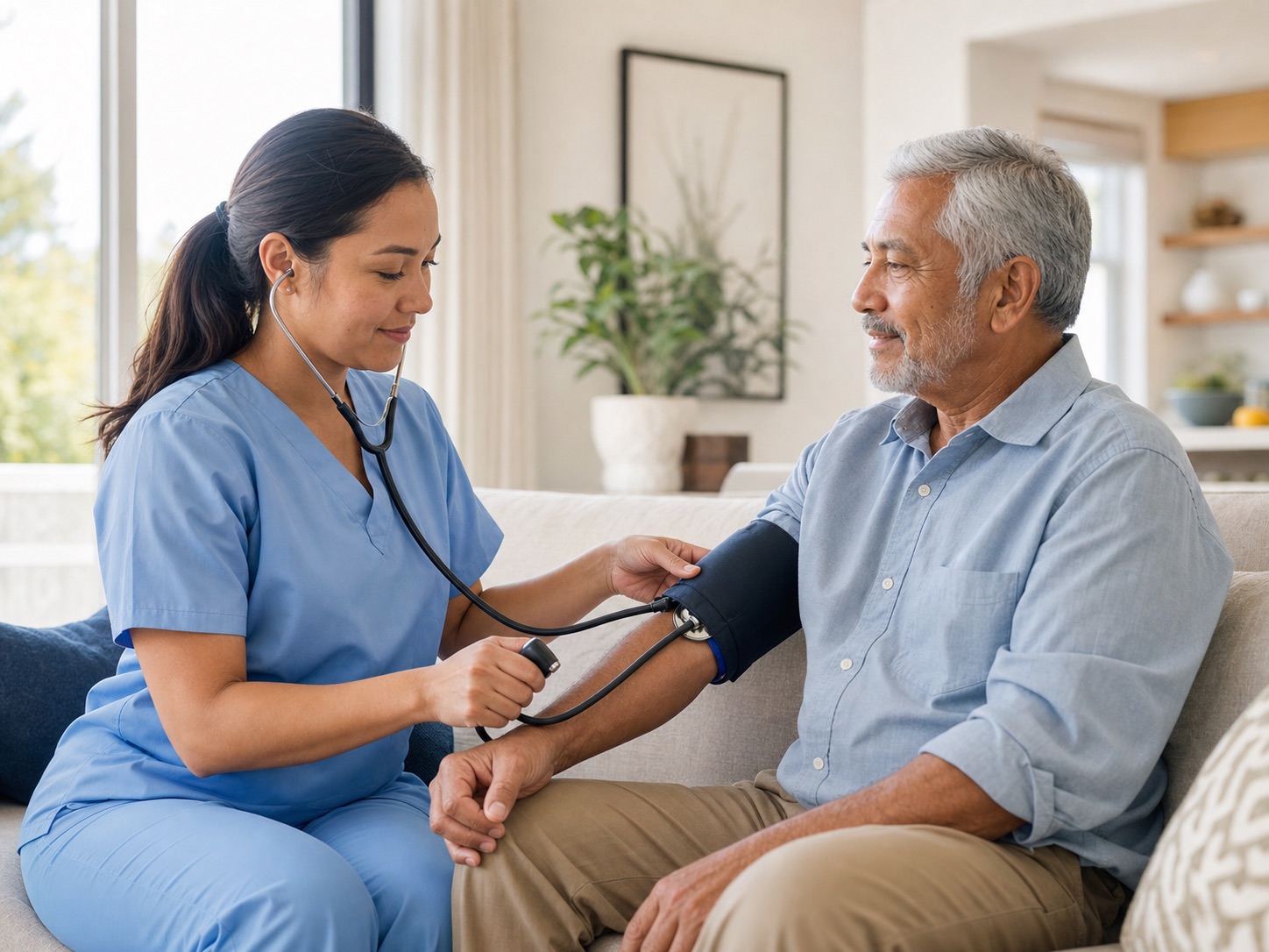 A nurse checking a client’s blood pressure during a home visit