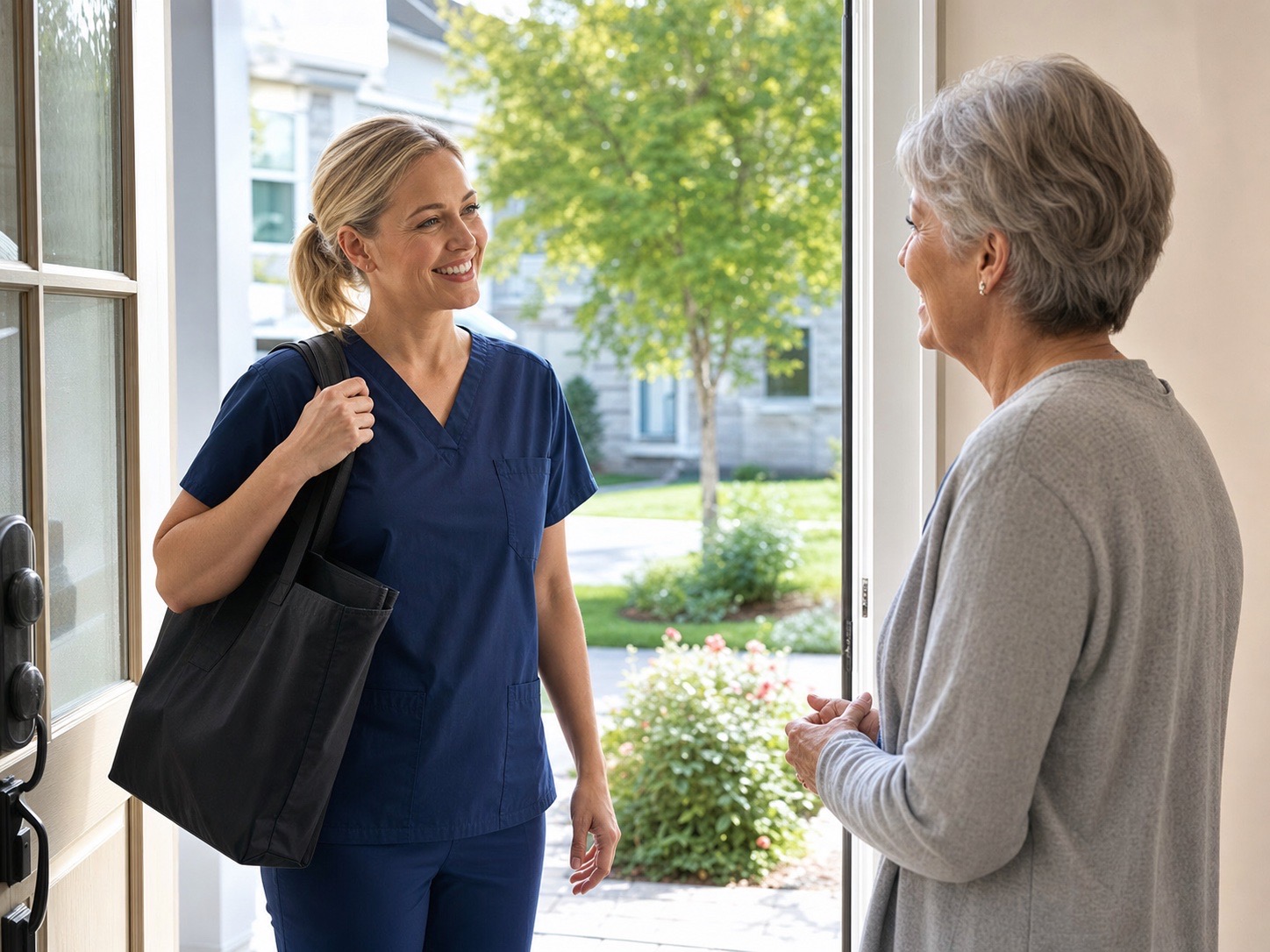 A home-care professional greeting an older adult at her doorway