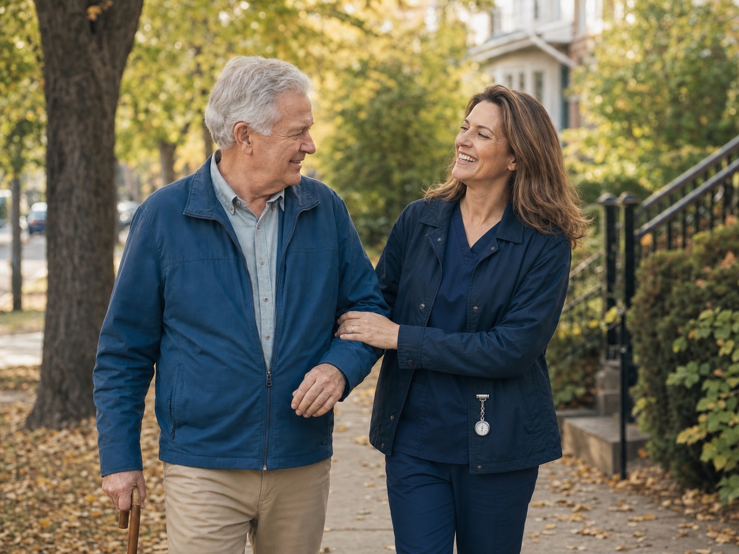 An Angel’s Kare caregiver walking arm in arm with an older man on a neighbourhood sidewalk