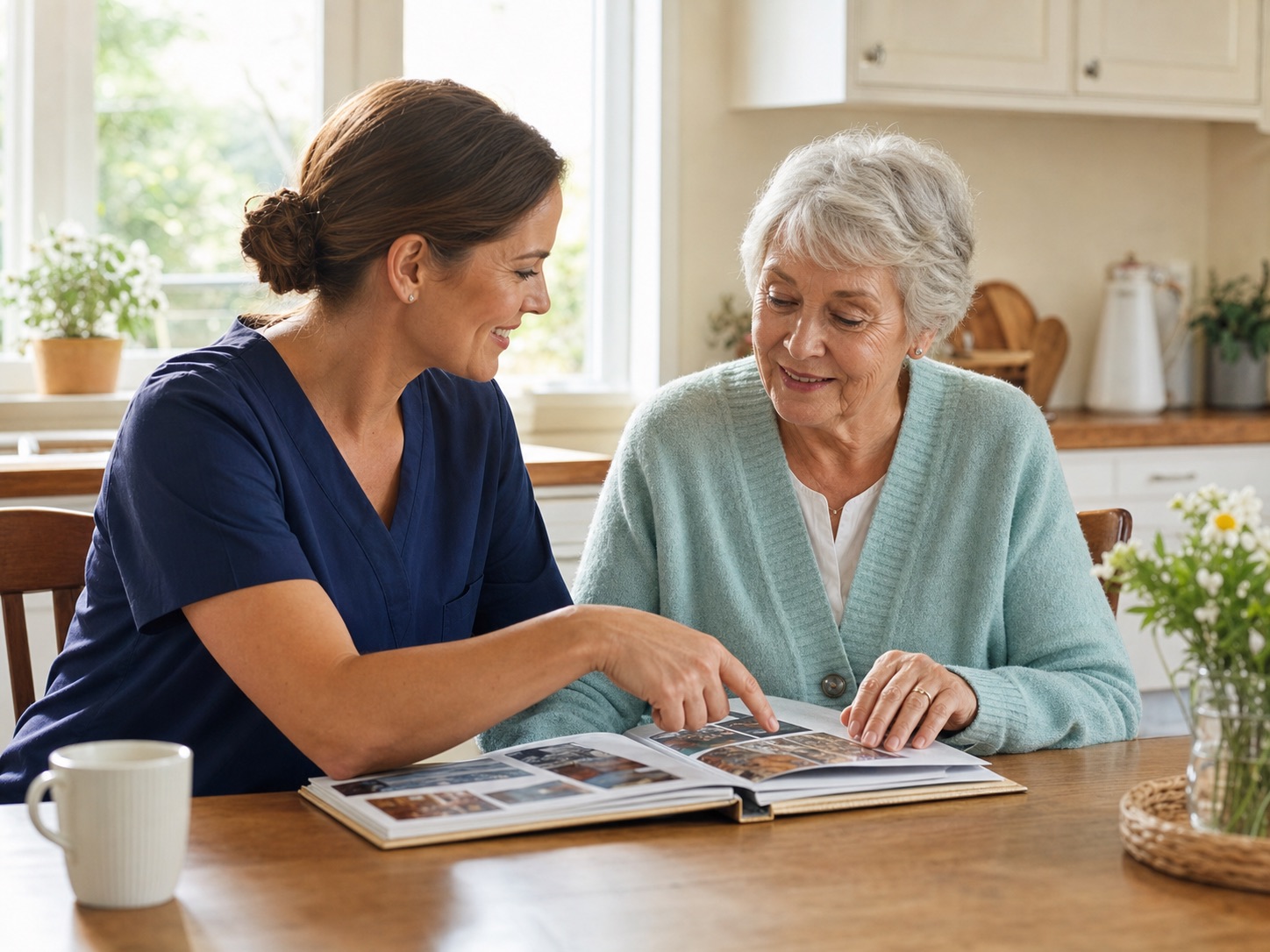 A caregiver and older adult looking through a family photo album together