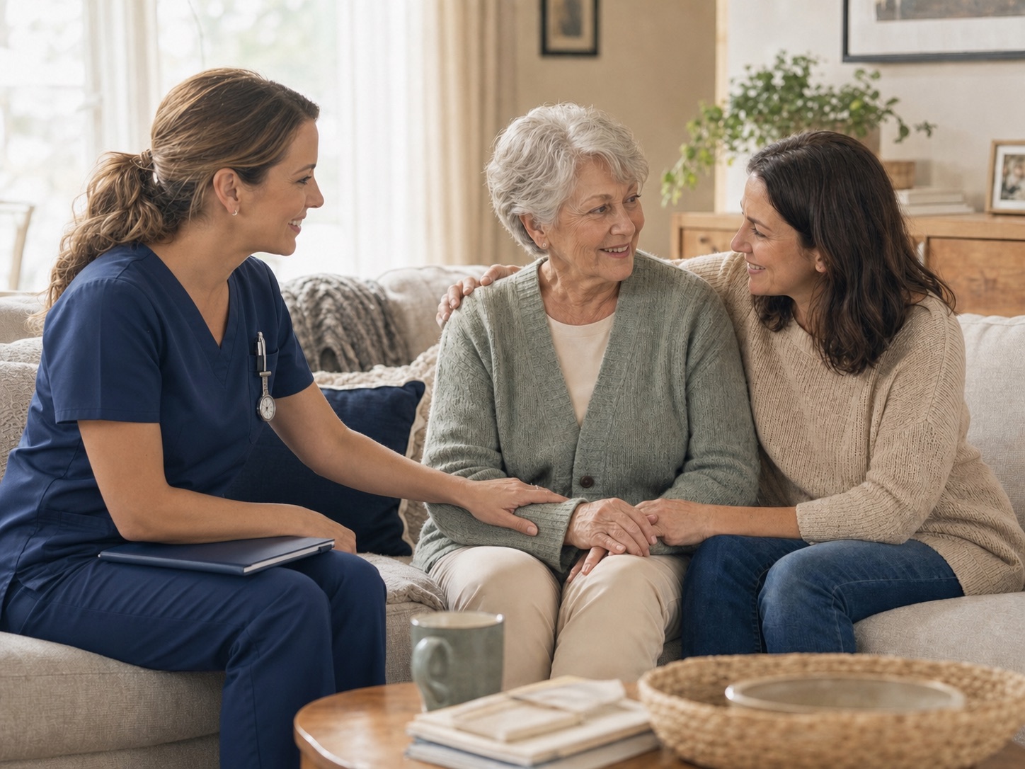 An Angel’s Kare caregiver sitting with an older woman and her daughter in their living room