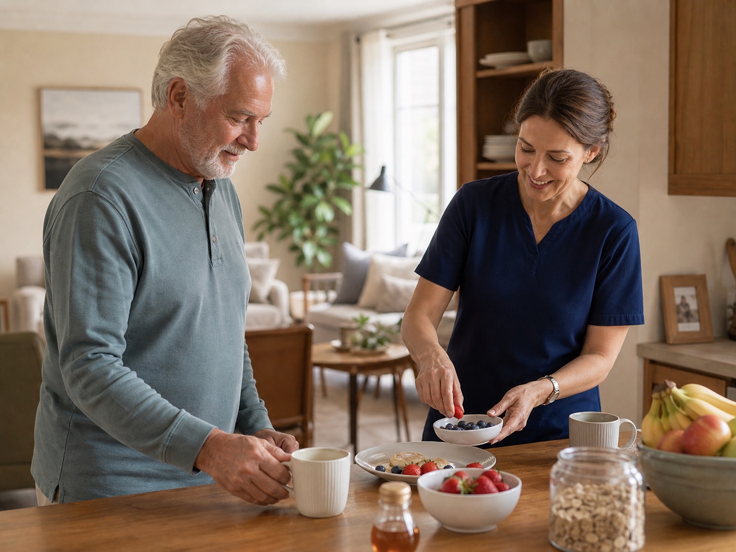 An Angel’s Kare caregiver preparing breakfast with an older man in his kitchen