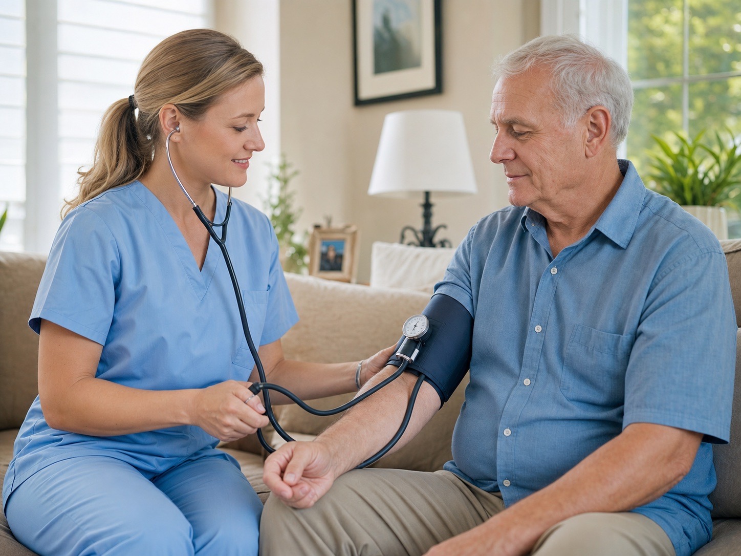 A registered nurse checking an older adult's blood pressure at home