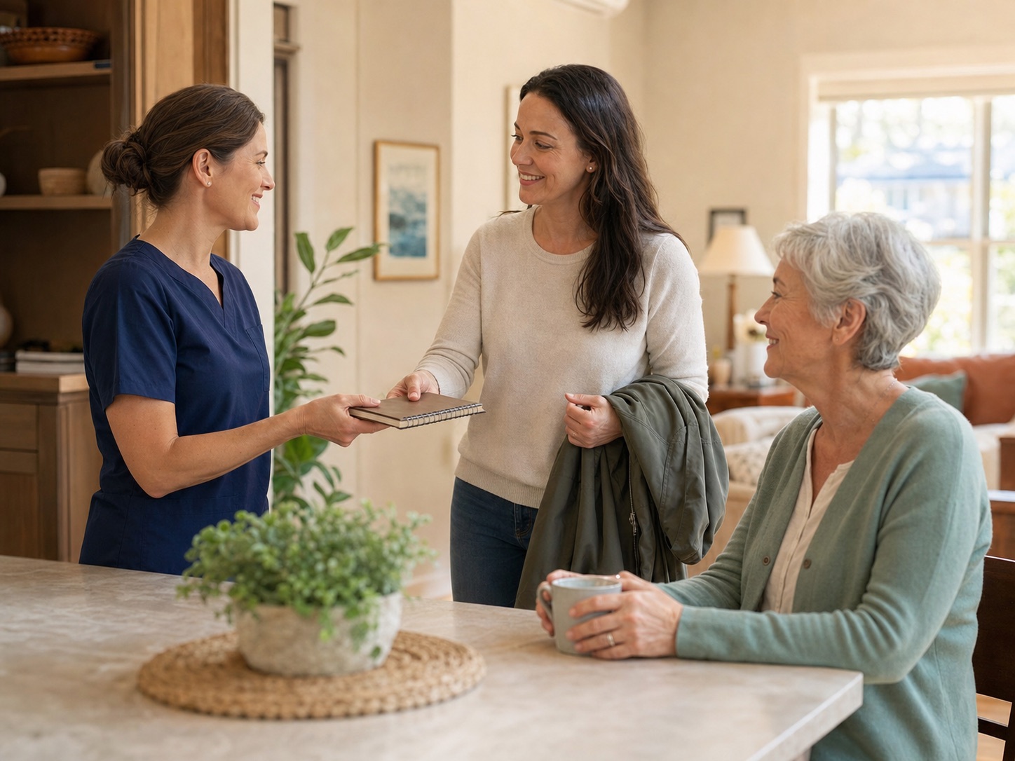 An Angel’s Kare caregiver in navy scrubs receiving the care notebook from a family caregiver heading out