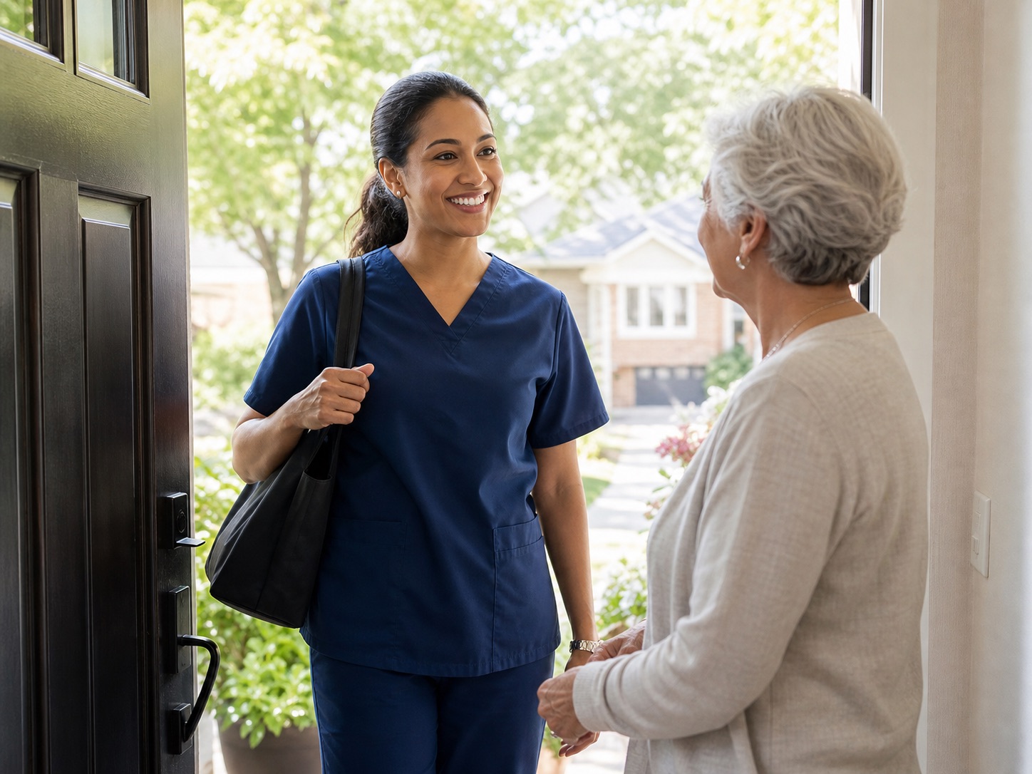 An Angel’s Kare caregiver greeting an older adult at her front door